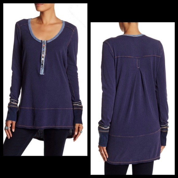 Free People We The Free Thermal Henley Top Women’s M/L Dallas Blue Boho Shirt - Picture 1 of 15